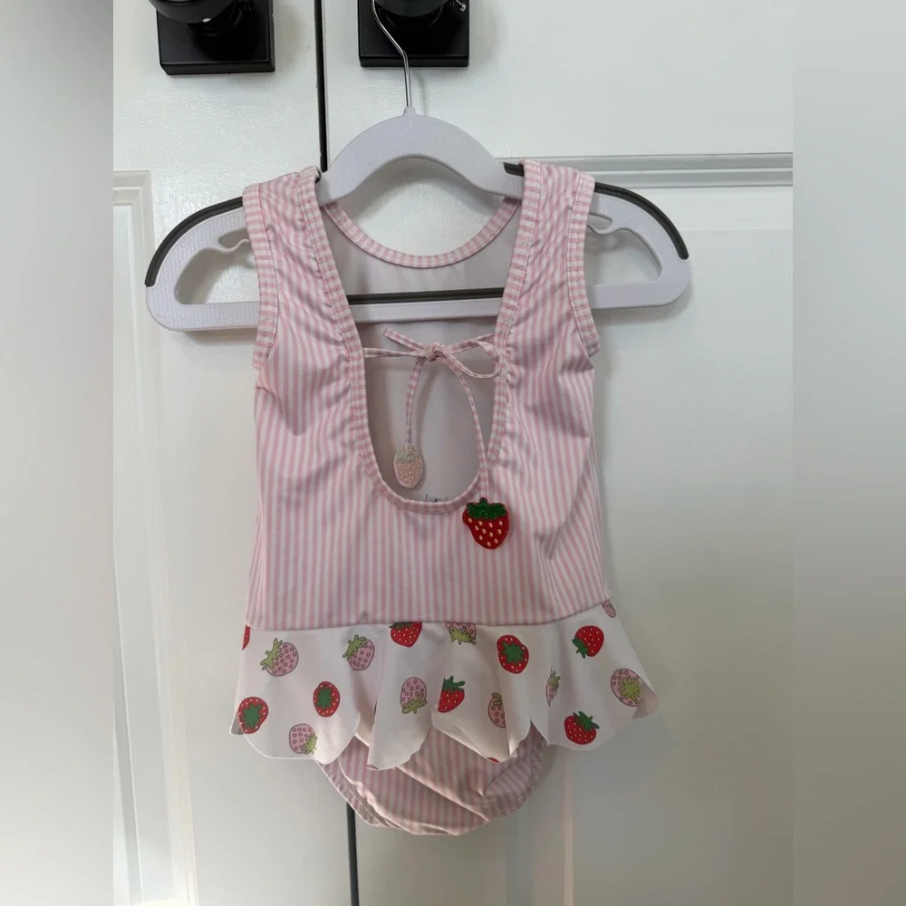 Bella Bliss Girls Strawberry Pink Seersucker Swimsuit Size 3